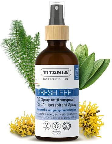 TITANIA Spray antitranspirante para pies, 100 ml, antiolor, antibacteriano, sin alcohol y sales de aluminio, spray antitranspirante con aceite de árbol de té, romero y tomillo – Cosmos Natural, vegano