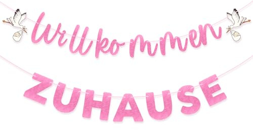 G2PLUS Aufgefädelt Willkommen Zuhause Girlande Rosa Glitzer | Willkommen Baby Girl Banner mit Weißstorch, Welcome Home Baby Girlande für Mädchen Geburt Party Deko