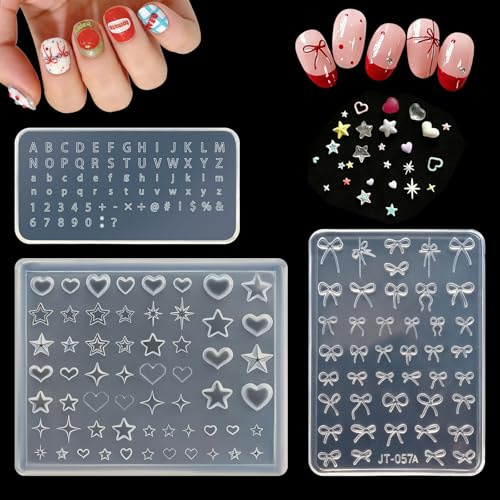 LELE LIFE Silikon-Nagelformen, 3 Stück, 3D-Buchstaben, Zahlen, Stern, Herz-Schleifen, Nagelformen für Nagelkunst, Charm, DIY-Zubehör, Zubehör (3er-Pack: Buchstaben, Zahlen, Stern, Herzschleife)