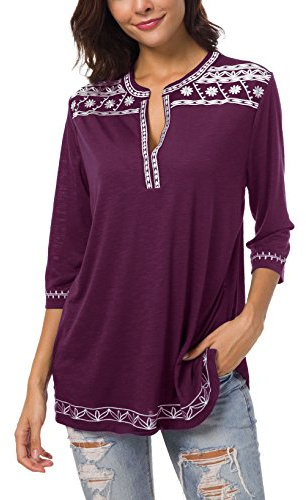 Urban CoCo Camicie da Donna con Maniche a 3/4 Boho Ricamate Top Contadino, Viola UVA, M