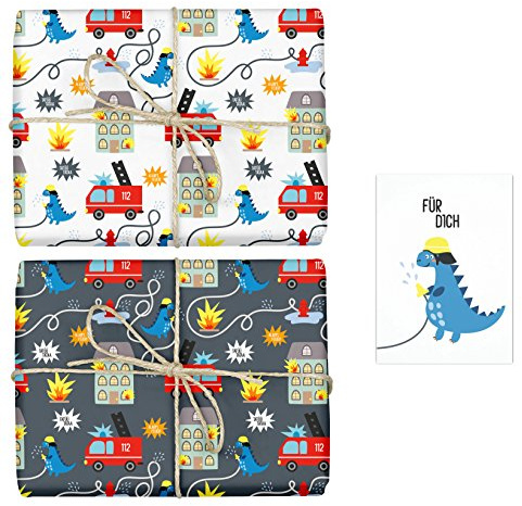 4x Geschenkpapier Feuerwehr/Dino für Kinder: doppelseitige Bögen DIN A2 (Öko, Recycling-Papier) + 1x Postkarte | Für Jungen und Mädchen | Made in Germany