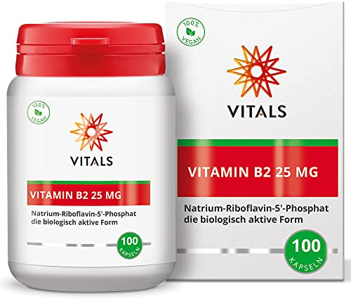 Vitals - Vitamin B2 25 mg 100 Kapseln Natrium-Riboflavin-5'-Phosphat. Die biologische aktive Form. Hohe Dosis in reiner Form.