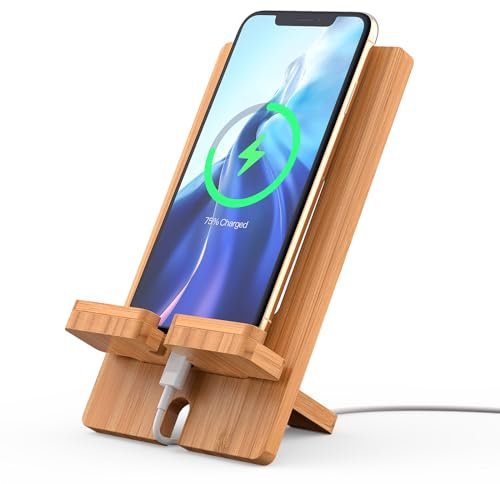 Pezin & Hulin Mobile Phone Stand, Adjustable Bamboo Phone Holder for Desk, Portable Cell Phone Dock Rack with Charging Hole for Phones and Tablets