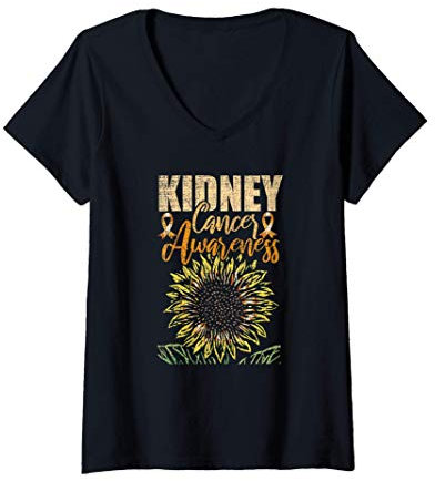 Mujer Cáncer de riñón Cinta naranja Conciencia Girasol Camiseta Cuello V