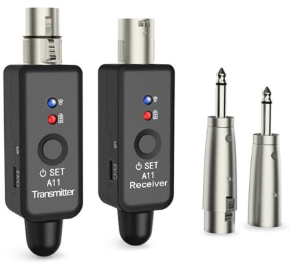 A11 Système de microphone sans fil 2,4 GHz – Émetteur et récepteur à 4 canaux, adaptateur XLR plug-on, convient aux microphones dynamiques/à condensateur, mixeurs audio (1TX + 1RX)
