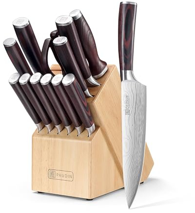 PAUDIN Kitchen Knife Set with Block, 14 Pieces Knife Sets for Kitchen with Block, High Carbon German Stainless Steel Sharp Chef Knife Set with Ergonomic Pakkawood Handle