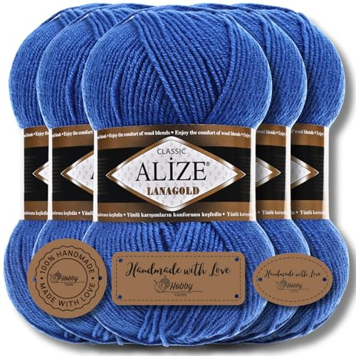 Hobby YARN 3x Etikettenlabel mit Alize Lanagold Wolle Premium 5x100g als Set, Yarn, Garn, Strickgarn, Einfarbig, Baby, zum Häkeln, Stricken, Kleidung, Schals (Royal Blue - 141)