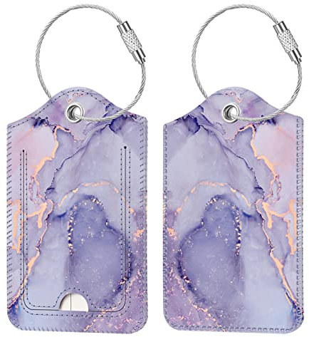 [2 Stück] Fintie Kofferanhänger mit Adressschild, Kunstleder Gepäckanhänger ID Etikett mit Edelstahl Drahtseil und Namenschild für Reisetasche Koffer, Lila Marmor