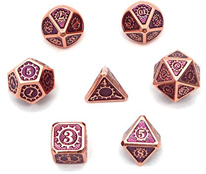 Fasizi Set di 7 dadi poliedrici in metallo con custodia nera, per giochi di ruolo, dungeons and drons, D&D, insegnamento matematico (ingranaggi rosso e viola)