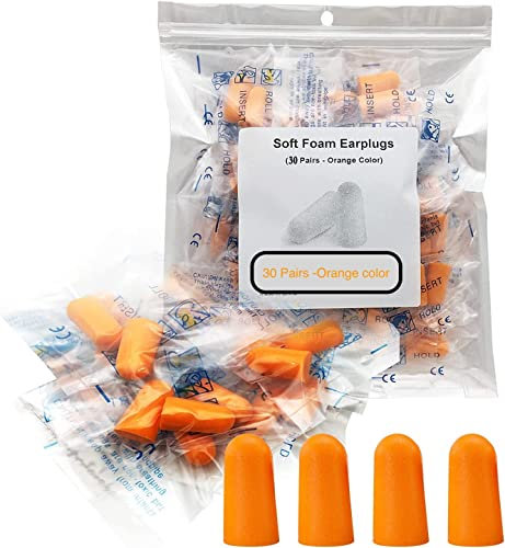 Ear Plug -30-Pairs- Orange Soft Foam Ear Plug 38dB SNR Adult Kids Noise Cancelling and for Sleeping, Snoring, Work, Studying, Loud Noise Sound Blocking Reduction Earplugs Poly Bags