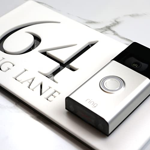 K Smart Sign | Bellisima DB F32 | Matt White Personalized Square Door address Ring video doorbell Yard Signs 3d Acrylic Plexi Glass Mirror House Mirror Ring Wifi Plaque Sign Laser Cut 3D Modern Plaques Bespoke Street Names Porch Nest Numbers | 12 x 6 1/4 (Left Text | Matt White & Black Marble Effect)