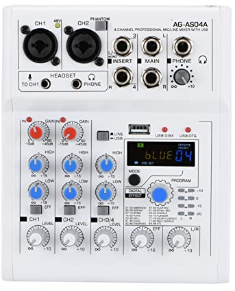 HODAGES Mixer Audio Mixer Audio Audio Mini Console di missaggio a 4 canali Bluetooth USB PC Play Record Karaoke Controller DJ Portatile AG-AS04A Portatile e Leggero (Color : White) (White)
