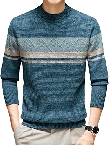 Vsadsau Pullover aus 100 % reinem Kaschmir, für Herren, Rundhalsausschnitt, Jacquard-Pullover, Farbkontrast, Strickpullover, Dunkelgrau-Blau, XXL