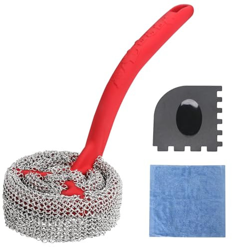 Cast Iron Chainmail Scrubber with Handle （ABS） - Cleaner for Pans and Pots - Premium Stainless Steel/Silicone Scraper for Skillets - Ergonomic Food-Safe Design - Easy to Clean Cookware Dish Brush