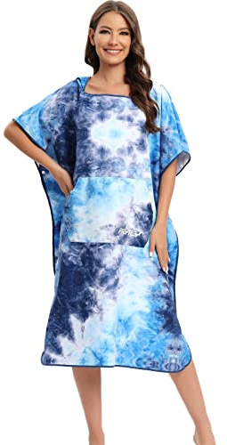 FLYILY Adulto Unisex Bata Poncho de Toalla para Niños Natación Toalla Playa Surf Poncho Albornoz Robe con Capucha para Cambiarse de Ropa(BlueTiedye,L)