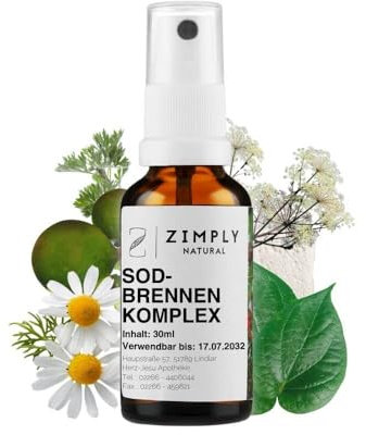 ZIMPLY NATURAL® Sodbrennen Komplex Spray, pflanzliches Mittel bei Sodbrennen & Magenbeschwerden, Naturheilkundliches Anti Reflux Mittel bei saurem Aufstoßen - Natürlich, Sanft, Vegan, 30ml Spray