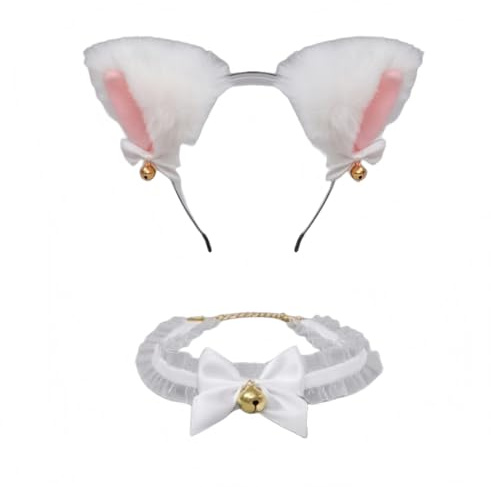 Katzenohren Haarreif, Cat Ears Stirnband Glöckchen Halskette， Katze Cosplay Set， Haarschmuck, Kopfschmuck, Karneval，Katzenohren Haarschmuck für Frauen Mädchen Cosplay Kostümfest Schwarz(Weiß) (weiß)