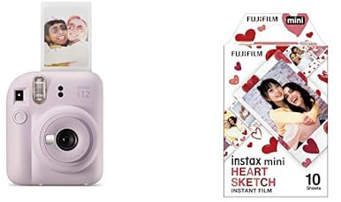 Fujifilm instax Mini Appareil Photo instantané 12, Exposition Automatique avec Objectif Selfie intégré, Violet Lilas - Film Heart Sketch (10 Vues)