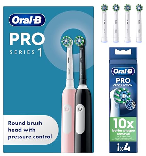 Oral-B Pro 1 Black & Pink Electric Toothbrush Duo Pack + Oral-B Pro Cross Action Electric Toothbrush Heads 4 Pack Bundle