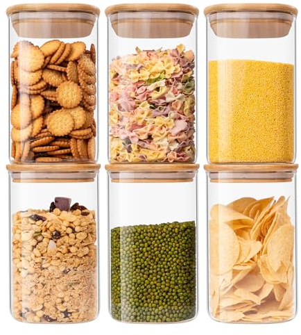 Glass Food Storage Jars 37 oz Set of 6,Glass Storage Containers Clear Glass Food Canister with Bamboo Lid Airtight For Serving Tea, Coffee, Flour, Sugar, Candy, Cookie, Spice and More (Square)