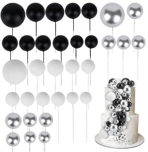 33 Pcs Round Ball Cake Toppers, Mini Balloon Cake Topper in 4 Size Foam Ball Cakes Picks for Birthday Wedding Party Decorations (Black+White+Silver)