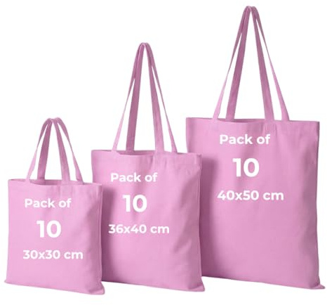 IMFAA Canvas Tote Återanvändbara shoppingpåsar, paket med 10, 100 % bomull, idealisk för tryck och broderi i flera färger, bomullsfoder, maskintvätt, unisex-vuxna, Rosa, Small(30x30+30)