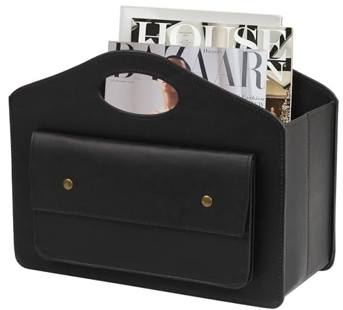 HofferRuffer Leder Zeitschriftenhalter mit Griff, Faltbarer Zeitungshalter mit Kleiner Vordertasche, Aufbewahrungskorb