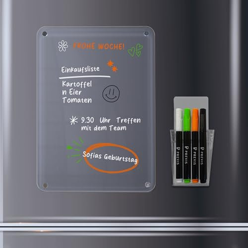 Tableau blanc magnétique transparent A4 minimaliste et élégant PREVIS pour écrire des tâches, des menus, des listes de courses avec 4 marqueurs de couleurs vives et un support magnétique - Réfrigérate