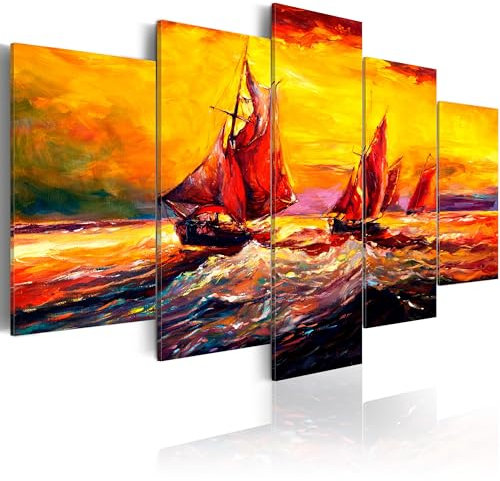 murando - Akustikbild Abstrakt 225x112 cm Bilder mit Akustikschaumstoff Hochleistungsschallabsorber Schallschutz Leinwandbild XXL 5 tlg Wandbild Boot See c-B-0115-b-m
