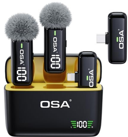 OSA Microfono Lavalier per telefono con custodia di ricarica e trasmettitore display digitale – Set di 2, per iPhone, iPad, Android, registrazione, registrazione video professionale, microfono da