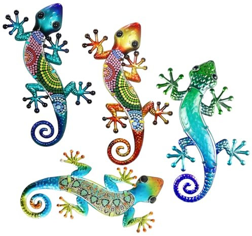 WUFGWBD 4 Pieces Wall Gecko Decoration, Garden Fence and Outdoor Wall Art, Colorful Gecko Wall Decor