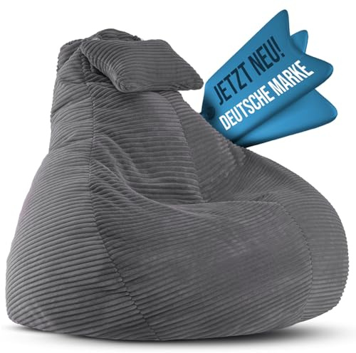 LazyCloud Sitzsack für Erwachsene mit integrierter [Nackenstütze] Cord | XXL Indoor Bean Bag mit Füllung | perfekt als Chill-, Lese- oder Gaming Sessel (90 x 80 x 70 cm) (Anthrazit)