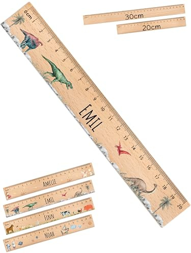 Bärenfreunde® - Personalisiertes Holz-Lineal 20 cm / 30 cm mit Spezial-Druck - für Schule und Zuhause - Lineal personalisiert Schulanfang - Einschulung Geschenk (20 cm, Dinosaurier)