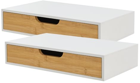 [en.casa] Wandregal 2er Set Bokn mit Schublade Bambus Schweberegal Hängeregal Wandablage Wandboard Nachttisch-Ablage Weiß 40 x 24 x 8 cm Wandschublade