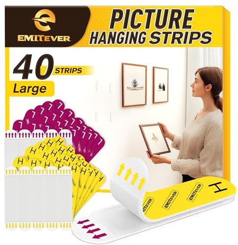 EMITEVER Picture Hanging Strips Heavy Duty, Damage Free Picture Hangers for Walls, Hanging Hooks Kit Without Nails, Large Adhesive Wall Strip for Poster Sticky 20-Pairs (40 Strips)
