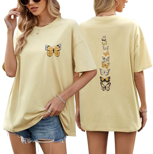 heekpek Camisetas Manga Corta Mujer Tallas Grandes Blusas Algodon Tshirt Oversize Camisetas Basicas Verano Cuello Redondo Holgado Playeras, Caqui, XXL