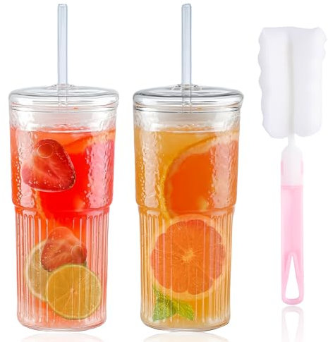 LEKEFETO 2 bicchieri in vetro da 600 ml con coperchio e cannuccia: bicchieri da latte macchiato a coste, con 2 busti di paglia e spazzola morbida, bicchieri da caffè ghiacciato, lavabili in lavatrice