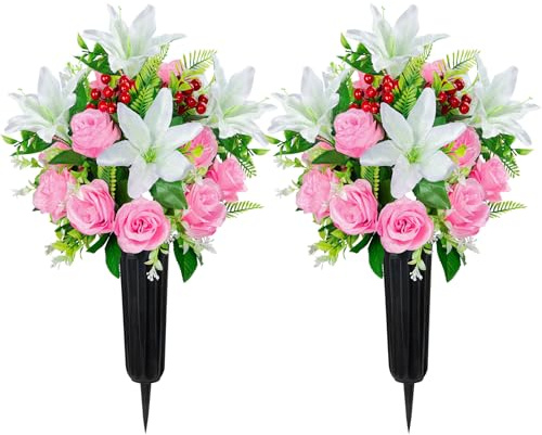 LaLamona Artificial Cemetery Flowers with Vase, Set of 2 Rose Lily Bouquet Graveside Decoration, Artificial Memorial Flowers for Easter Mother's Day Arrangements
