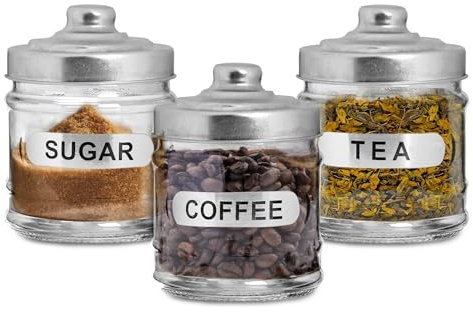 TIENDA EURASIA – Set 3 Tarros Vidrio | Tapa de Aluminio | Capacidad 350 ml | Material Vidrio + Metal (Aluminio) |Botes Cocina Almacenaje | Color Plata y Transparente | Medidas 8x8x11 cm