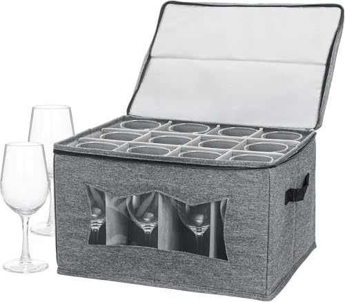Elsjoy Wine Glass Storage Box with 12 Dividers, Stemware Storage Case Crystal Wine Glassware Dividing Container with Window and Label