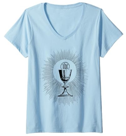 Femme Calice pour messe catholique Eucharistie Première Communion T-Shirt avec Col en V