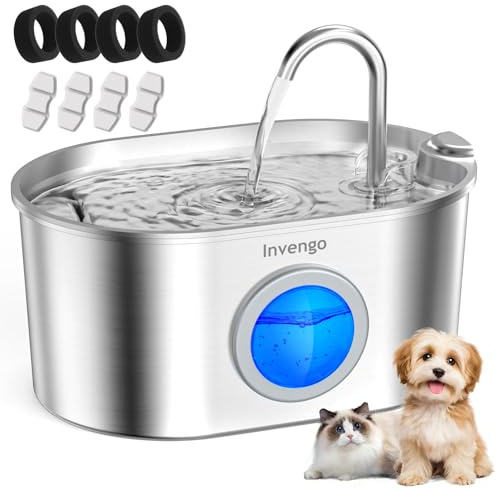 Invengo Fontaine à Eau pour Chat, 2,2 L en Acier Inoxydable avec fenêtre de Niveau d’Eau, Facile à Nettoyer, 4 filtres Inclus, Design Anti-éclaboussures