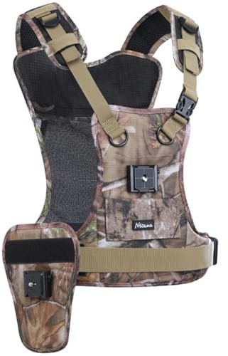 Nicama AH1 Harnais D'épaule Double pour 2 Appareil Photo, Sangle Appareil Photo Avec 38mm Carré Arca Type QR Plaque de Montage Gilet pour Canon Nikon Sony Olympus Hiking Randonnée Mariage (CAMO)