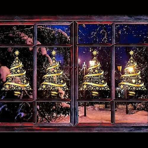 Janety Weihnachtsbaum groß Fensteraufkleber,Goldene Statische PVC Aufkleber,diy statische weinachtsdekorationen für Schlafzimmer, Schaufenster, Türaufkleber, Wandbild, Vitrine (4 Stück)