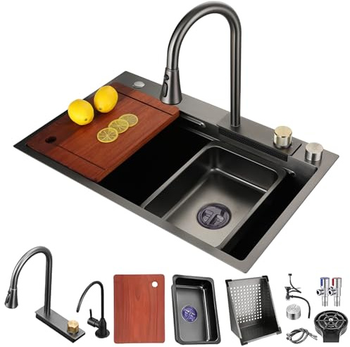 Black Stainless Steel Multifunctional Workstation Sink - Extendable Waterfall Faucet High-Pressure Cup R Chopping Board Siphon Drain Basket Overflow Fitting for Kitchen