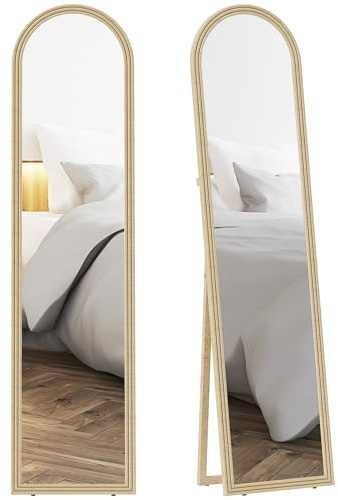 HOMCOM Miroir de Sol arqué Pleine Longueur 40 x 160 cm sur Pied, Beige | Cadre Effet Imitation Pierre, Montage au Sol, Suspendu, Appuyé contre le Mur, pour Salon, Chambre