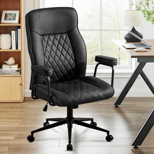 Ckaff Bürostuhl Ergonomisch, PU Leder Chefsessel, Schreibtischstuhl Computerstuhl mit Hoher Rückenlehne, Gepolsterter Armlehnen und Höhenverstellbar, Neigefunktion, Drehstuhl, Schwarz