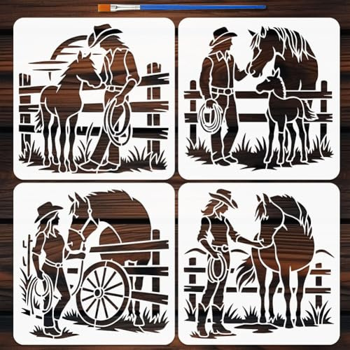 FINGERINSPIRE 4 Stück Western Cowboy Schablone Mit 1 Pinseln 30x30cm Große Cowboy Szene Schablone Western Cowboys Auf Pferden Malschablone Zum Bemalen von Holz Wänden Und Möbeln DIY Heimdekoration