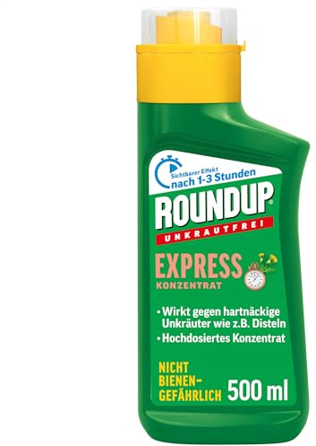 Roundup Unkrautfrei Express Konzentrat 500ml gegen Unkraut in Ziergärten | Wirkt kraftvoll gegen Unkraut | Schnell sichtbarer Effekt nach 1 bis 3 Stunden | Ohne Glyphosat