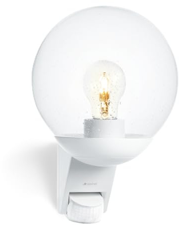 Steinel Außenwandleuchte L 595 S Weiß mit Bewegungsmelder – Wandleuchte mit Glaskugel für Außen, 180° PIR-Sensor bis 10 m, Dämmerungsschalter, IP44 wetterfest, E27-Fassung, für Haus und Terrasse